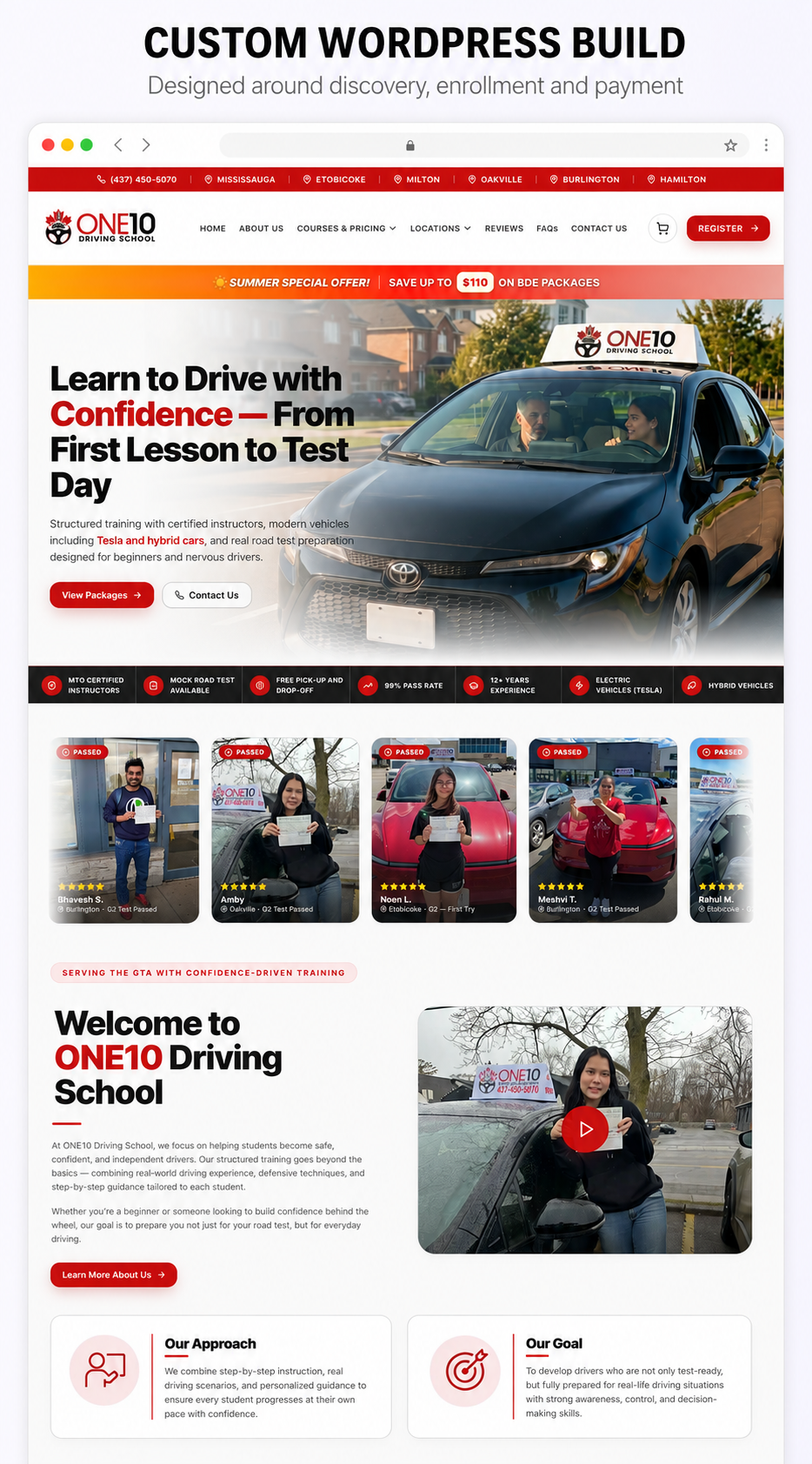 Screenshot of the One10 Driving School education · custom wordpress page built on Custom WordPress theme
