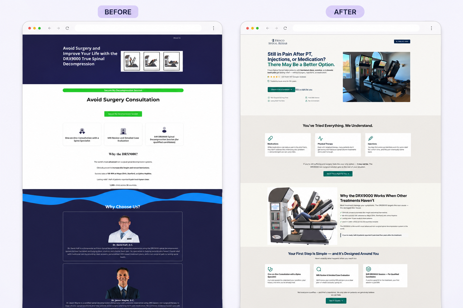 Screenshot of the Frisco Spinal Rehab healthcare · google ads funnel page built on GoHighLevel