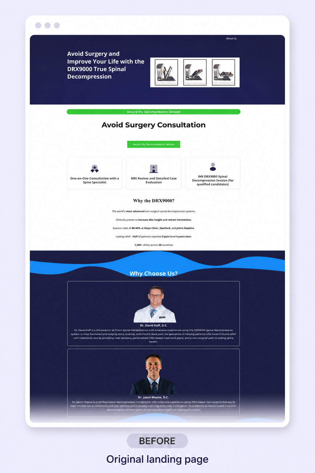 Before screenshot of the Frisco Spinal Rehab landing page